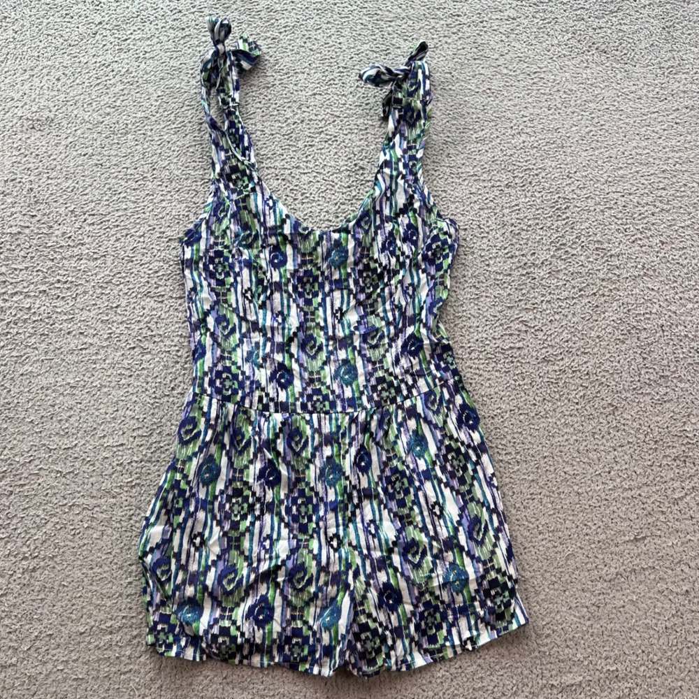 Lola Women Blue Green Ikat Print Cotton Tie Shoulder Button Front Romper Size S